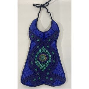 Vintage African Intricate Beaded Turquoise Tribal Ceremonial Bib Necklace OOAK